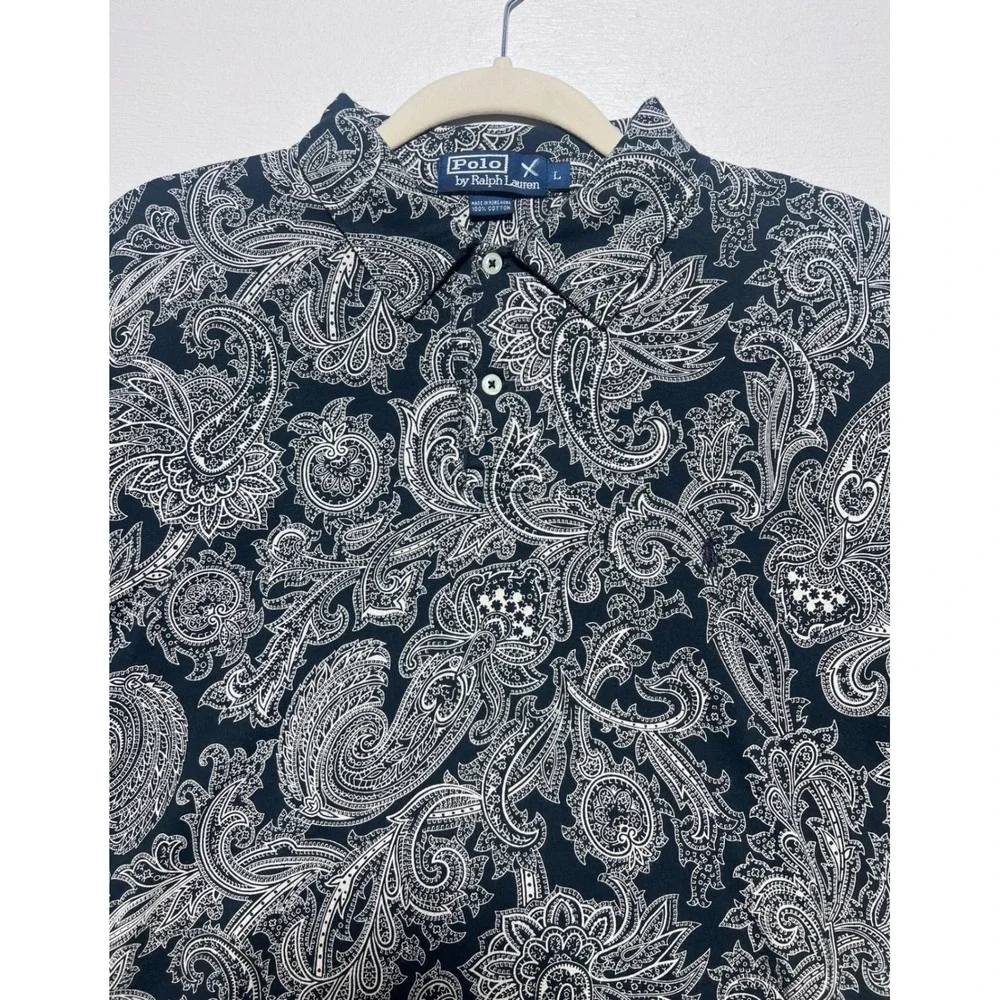 Polo Ralph Lauren Mens Large Navy Blue White Paisley Print Cotton Polo Shirt L